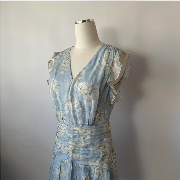 Intermix Vintage Vibe Light Blue Floral Silk Mini Dress Ruffled & Ruched - Picture 6 of 13